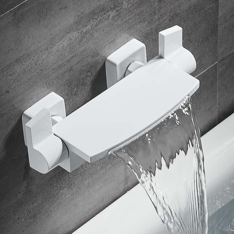 Wall Mounted Metal Tub Filler Low Arc Waterfall Double Handles Tub Faucet Trim White Hand Shower Not Included Clearhalo 'Bathroom Remodel & Bathroom Fixtures' 'Bathtub Faucets' 'bathtub_faucets' 'Home Improvement' 'home_improvement' 'home_improvement_bathtub_faucets' 6400292