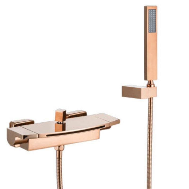 Wall Mounted Metal Tub Filler Low Arc Waterfall Double Handles Tub Faucet Trim Rose Gold Hand Shower Included Clearhalo 'Bathroom Remodel & Bathroom Fixtures' 'Bathtub Faucets' 'bathtub_faucets' 'Home Improvement' 'home_improvement' 'home_improvement_bathtub_faucets' 6400293