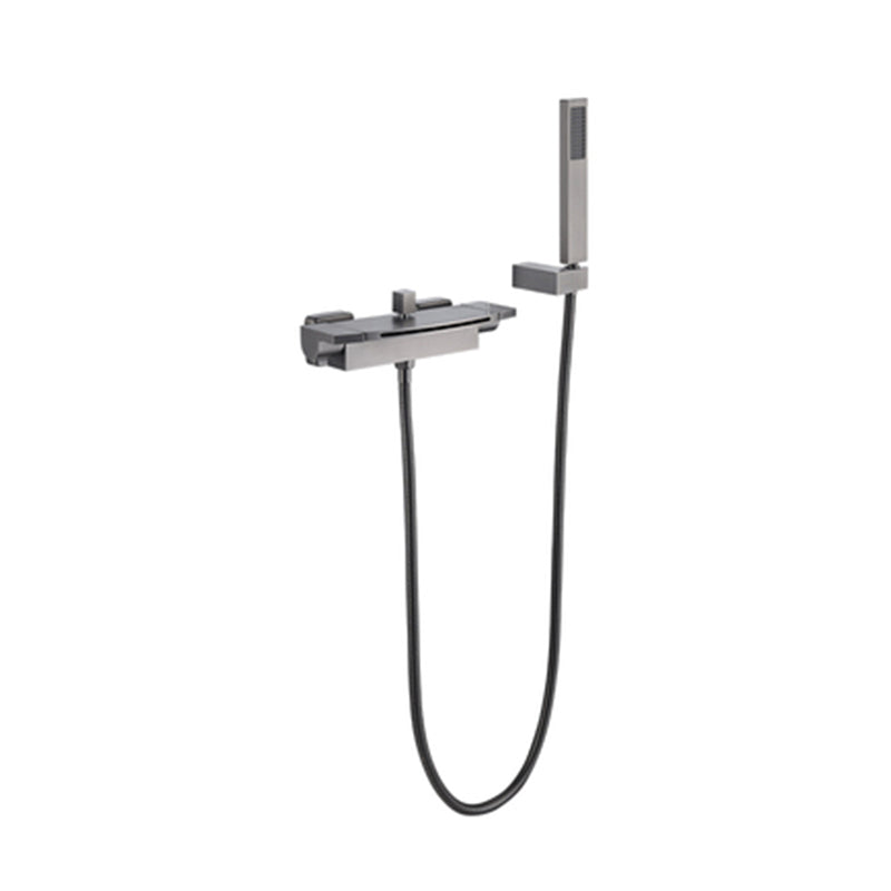 Wall Mounted Metal Tub Filler Low Arc Waterfall Double Handles Tub Faucet Trim Clearhalo 'Bathroom Remodel & Bathroom Fixtures' 'Bathtub Faucets' 'bathtub_faucets' 'Home Improvement' 'home_improvement' 'home_improvement_bathtub_faucets' 6400298