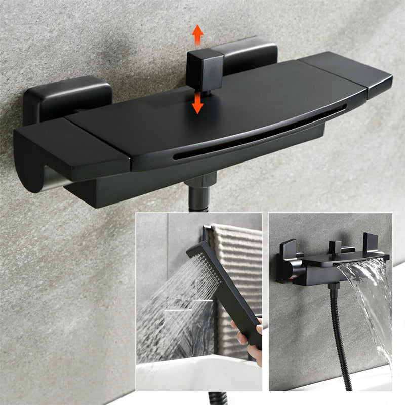 Wall Mounted Metal Tub Filler Low Arc Waterfall Double Handles Tub Faucet Trim Clearhalo 'Bathroom Remodel & Bathroom Fixtures' 'Bathtub Faucets' 'bathtub_faucets' 'Home Improvement' 'home_improvement' 'home_improvement_bathtub_faucets' 6400305