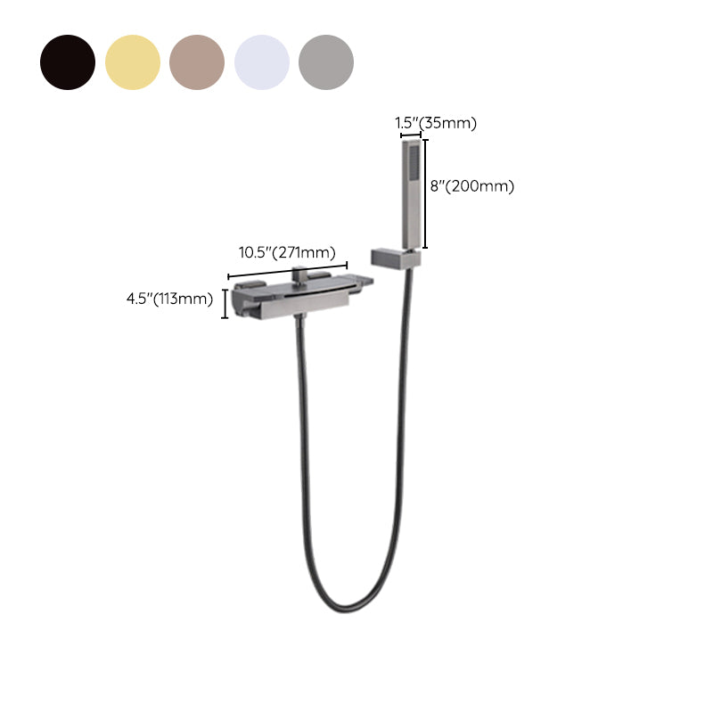 Wall Mounted Metal Tub Filler Low Arc Waterfall Double Handles Tub Faucet Trim Clearhalo 'Bathroom Remodel & Bathroom Fixtures' 'Bathtub Faucets' 'bathtub_faucets' 'Home Improvement' 'home_improvement' 'home_improvement_bathtub_faucets' 6400312