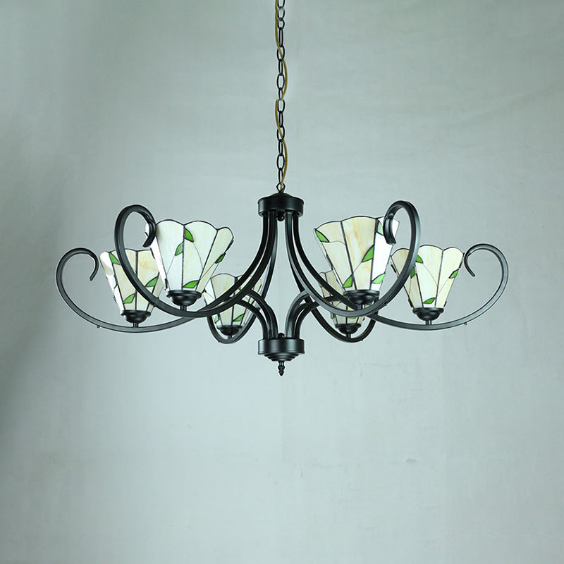Beige Cone-Shaped Suspension Light Retro Style Stained Glass Leaf Pattern Chandelier for Bedroom Lighting Clearhalo 'Ceiling Lights' 'Chandeliers' 'Close To Ceiling Lights' 'Industrial' 'Middle Century Chandeliers' 'Tiffany Chandeliers' 'Tiffany close to ceiling' 'Tiffany' Lighting' 64006