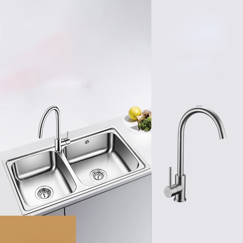 Classic Style Kitchen Sink Stainless Steel 1 Holes Kitchen Sink with Drain Strainer Kit Sink with Faucet Stainless-Steel Faucet Clearhalo 'Home Improvement' 'home_improvement' 'home_improvement_kitchen_sinks' 'Kitchen Remodel & Kitchen Fixtures' 'Kitchen Sinks & Faucet Components' 'Kitchen Sinks' 'kitchen_sinks' 6400709