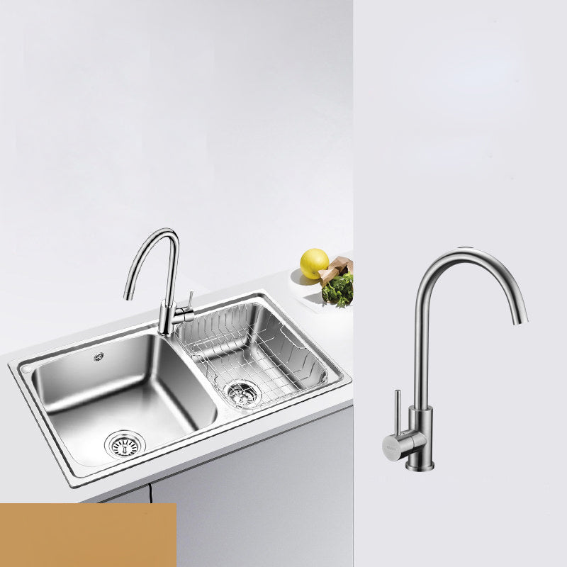 Classic Style Kitchen Sink Stainless Steel 1 Holes Kitchen Sink with Drain Strainer Kit Sink with Faucet Round Faucet Clearhalo 'Home Improvement' 'home_improvement' 'home_improvement_kitchen_sinks' 'Kitchen Remodel & Kitchen Fixtures' 'Kitchen Sinks & Faucet Components' 'Kitchen Sinks' 'kitchen_sinks' 6400710