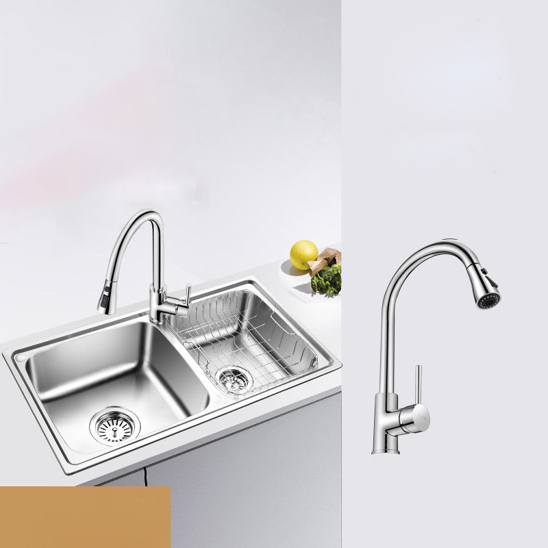 Classic Style Kitchen Sink Stainless Steel 1 Holes Kitchen Sink with Drain Strainer Kit Sink with Faucet Refined Copper Pull Out Faucet Clearhalo 'Home Improvement' 'home_improvement' 'home_improvement_kitchen_sinks' 'Kitchen Remodel & Kitchen Fixtures' 'Kitchen Sinks & Faucet Components' 'Kitchen Sinks' 'kitchen_sinks' 6400712