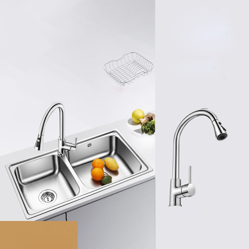 Classic Style Kitchen Sink Stainless Steel 1 Holes Kitchen Sink with Drain Strainer Kit Sink with Faucet Pull Out Faucet Clearhalo 'Home Improvement' 'home_improvement' 'home_improvement_kitchen_sinks' 'Kitchen Remodel & Kitchen Fixtures' 'Kitchen Sinks & Faucet Components' 'Kitchen Sinks' 'kitchen_sinks' 6400715
