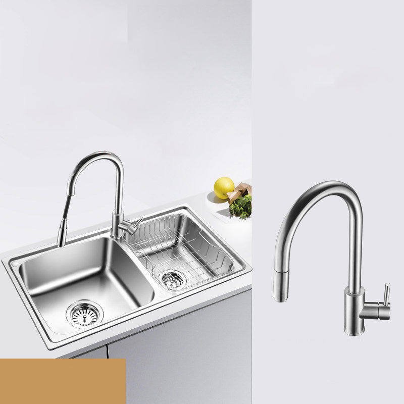 Classic Style Kitchen Sink Stainless Steel 1 Holes Kitchen Sink with Drain Strainer Kit Sink with Faucet Gooseneck Pull Out Faucet Clearhalo 'Home Improvement' 'home_improvement' 'home_improvement_kitchen_sinks' 'Kitchen Remodel & Kitchen Fixtures' 'Kitchen Sinks & Faucet Components' 'Kitchen Sinks' 'kitchen_sinks' 6400716