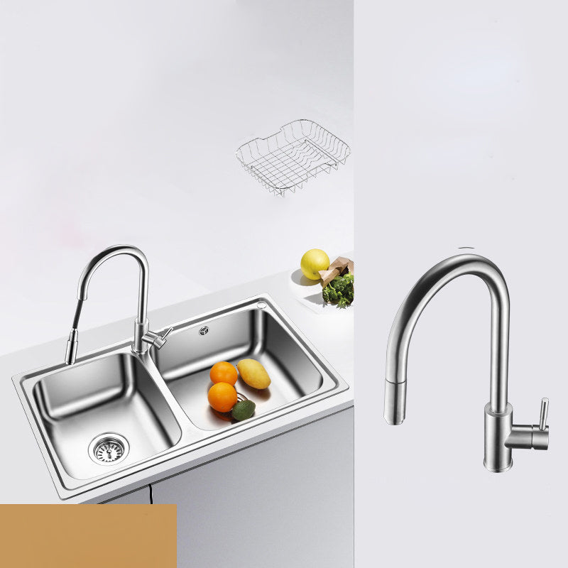 Classic Style Kitchen Sink Stainless Steel 1 Holes Kitchen Sink with Drain Strainer Kit Sink with Faucet Stainless Steel Pull Out Faucet Clearhalo 'Home Improvement' 'home_improvement' 'home_improvement_kitchen_sinks' 'Kitchen Remodel & Kitchen Fixtures' 'Kitchen Sinks & Faucet Components' 'Kitchen Sinks' 'kitchen_sinks' 6400718