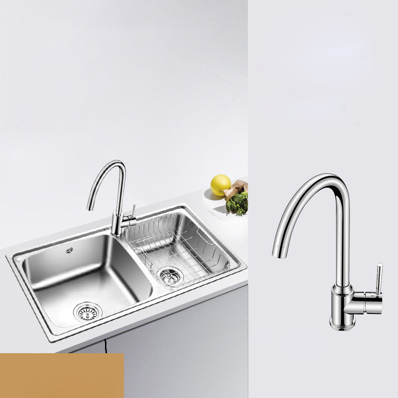 Classic Style Kitchen Sink Stainless Steel 1 Holes Kitchen Sink with Drain Strainer Kit Sink with Faucet Refined Copper Faucet Clearhalo 'Home Improvement' 'home_improvement' 'home_improvement_kitchen_sinks' 'Kitchen Remodel & Kitchen Fixtures' 'Kitchen Sinks & Faucet Components' 'Kitchen Sinks' 'kitchen_sinks' 6400722