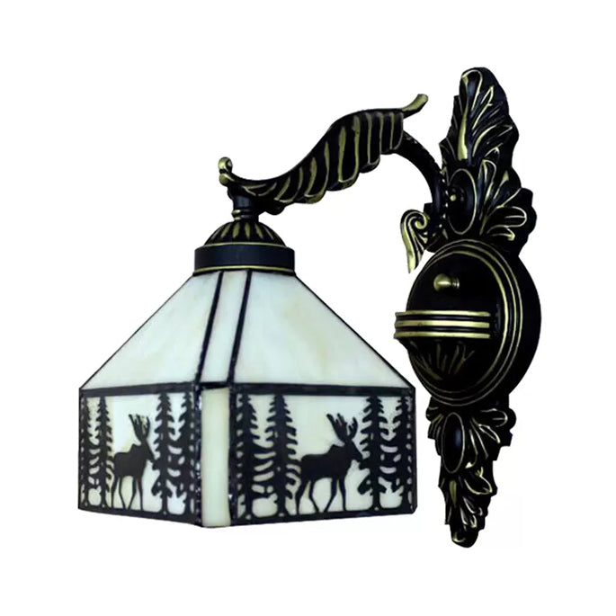 Lodge Stained Glass Wall Lighting with Curved Arm Single Light Mini Wall Mount Light Clearhalo 'Industrial' 'Middle century wall lights' 'Tiffany wall lights' 'Tiffany' 'Wall Lamps & Sconces' 'Wall Lights' Lighting' 6403