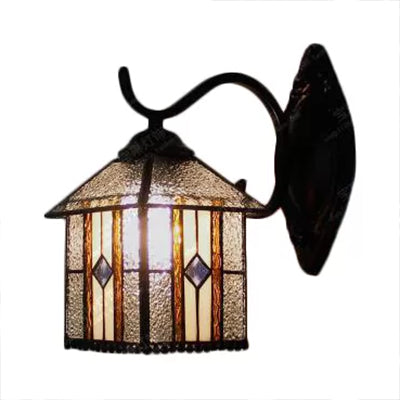 Lodge Stained Glass Wall Lighting with Curved Arm Single Light Mini Wall Mount Light Clearhalo 'Industrial' 'Middle century wall lights' 'Tiffany wall lights' 'Tiffany' 'Wall Lamps & Sconces' 'Wall Lights' Lighting' 6405