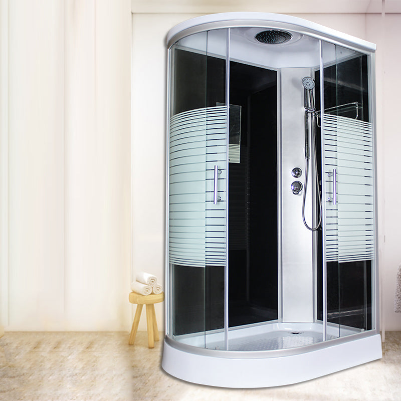 Corner Tempered Glass Shower Stall Home Round Double Sliding Shower Stall Black-Silver 47.2"L x 31.5"W x 84.6"H Right Clearhalo 'Bathroom Remodel & Bathroom Fixtures' 'Home Improvement' 'home_improvement' 'home_improvement_shower_stalls_enclosures' 'Shower Stalls & Enclosures' 'shower_stalls_enclosures' 'Showers & Bathtubs' 6407778