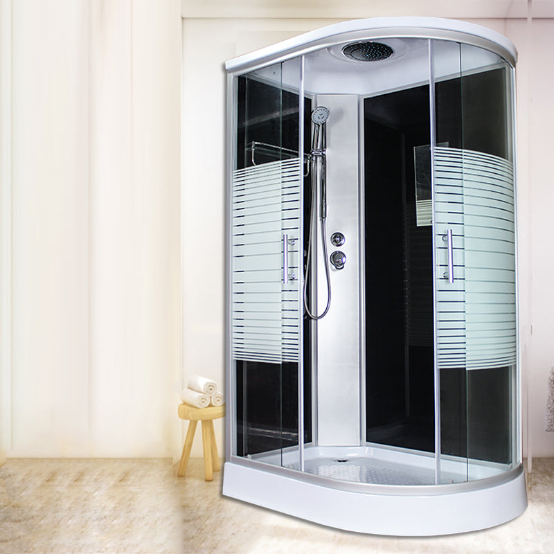 Corner Tempered Glass Shower Stall Home Round Double Sliding Shower Stall Black-Silver 47.2"L x 31.5"W x 84.6"H Left Clearhalo 'Bathroom Remodel & Bathroom Fixtures' 'Home Improvement' 'home_improvement' 'home_improvement_shower_stalls_enclosures' 'Shower Stalls & Enclosures' 'shower_stalls_enclosures' 'Showers & Bathtubs' 6407780