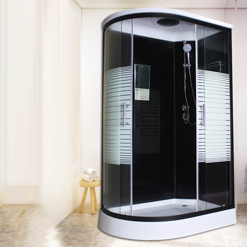 Corner Tempered Glass Shower Stall Home Round Double Sliding Shower Stall Black 47.2"L x 31.5"W x 84.6"H Right Clearhalo 'Bathroom Remodel & Bathroom Fixtures' 'Home Improvement' 'home_improvement' 'home_improvement_shower_stalls_enclosures' 'Shower Stalls & Enclosures' 'shower_stalls_enclosures' 'Showers & Bathtubs' 6407781
