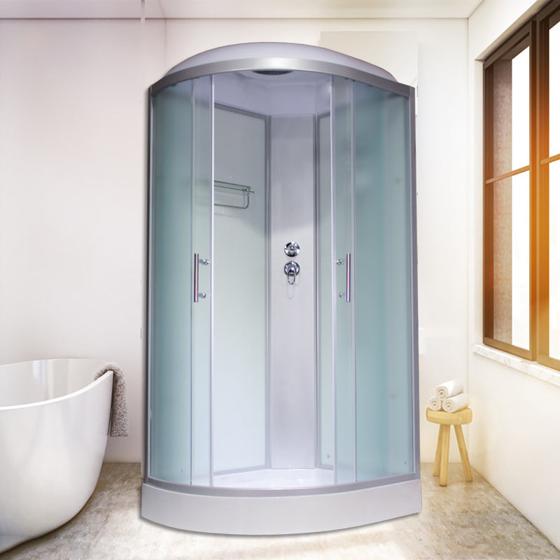 Corner Tempered Glass Shower Stall Home Round Double Sliding Shower Stall White 39.4"L x 33.5"W x 88.6"H Right Clearhalo 'Bathroom Remodel & Bathroom Fixtures' 'Home Improvement' 'home_improvement' 'home_improvement_shower_stalls_enclosures' 'Shower Stalls & Enclosures' 'shower_stalls_enclosures' 'Showers & Bathtubs' 6407786