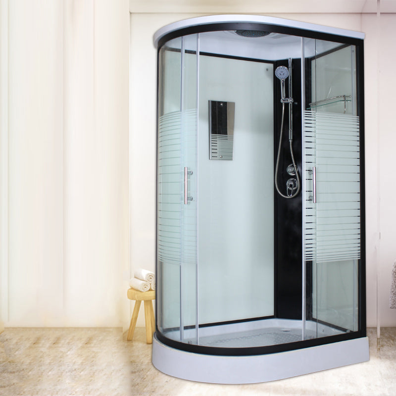 Corner Tempered Glass Shower Stall Home Round Double Sliding Shower Stall Black-White 47.2"L x 31.5"W x 84.6"H Right Clearhalo 'Bathroom Remodel & Bathroom Fixtures' 'Home Improvement' 'home_improvement' 'home_improvement_shower_stalls_enclosures' 'Shower Stalls & Enclosures' 'shower_stalls_enclosures' 'Showers & Bathtubs' 6407791