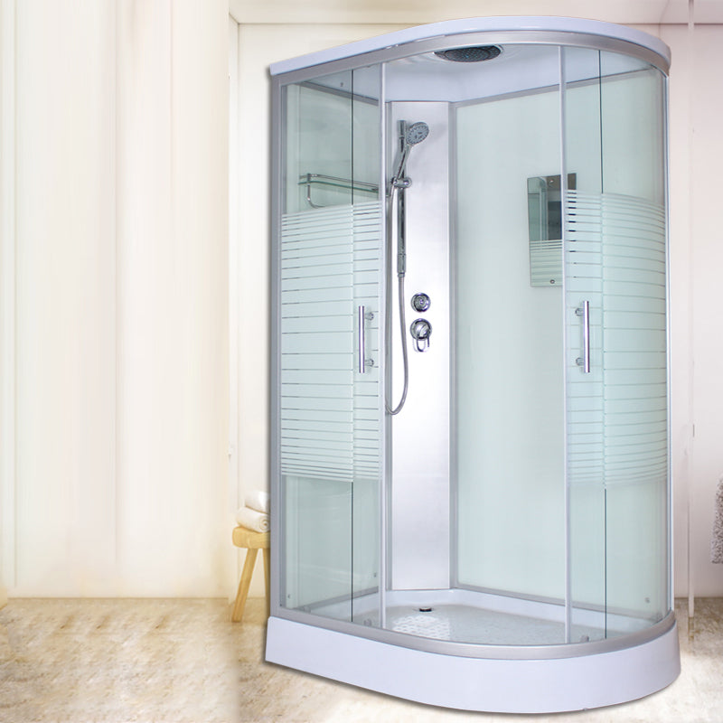 Corner Tempered Glass Shower Stall Home Round Double Sliding Shower Stall White 47.2"L x 31.5"W x 84.6"H Left Clearhalo 'Bathroom Remodel & Bathroom Fixtures' 'Home Improvement' 'home_improvement' 'home_improvement_shower_stalls_enclosures' 'Shower Stalls & Enclosures' 'shower_stalls_enclosures' 'Showers & Bathtubs' 6407792