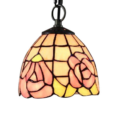 Pink-White/Green-pink Handcrafted Art Glass Domed Ceiling Light Tiffany 1 Bulb Hanging Light Kit with Adjustable Metal Chain Clearhalo 'Ceiling Lights' 'Industrial' 'Middle Century Pendants' 'Pendant Lights' 'Pendants' 'Tiffany close to ceiling' 'Tiffany Pendants' 'Tiffany' Lighting' 64118