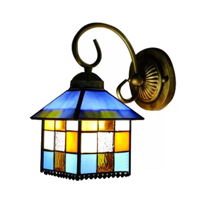 Lodge Stained Glass Wall Lighting with Curved Arm Single Light Mini Wall Mount Light Clearhalo 'Industrial' 'Middle century wall lights' 'Tiffany wall lights' 'Tiffany' 'Wall Lamps & Sconces' 'Wall Lights' Lighting' 6411