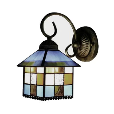 Lodge Stained Glass Wall Lighting with Curved Arm Single Light Mini Wall Mount Light Clearhalo 'Industrial' 'Middle century wall lights' 'Tiffany wall lights' 'Tiffany' 'Wall Lamps & Sconces' 'Wall Lights' Lighting' 6412