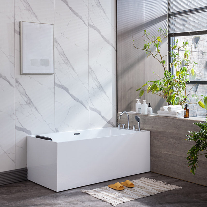 Modern White Rectangle Acrylic Bathtub Freestanding Soaking Bathtub with Drain Bath Tub 59"L x 30"W x 23"H Tub with Silver 5-Piece Set Clearhalo 'Bathroom Remodel & Bathroom Fixtures' 'Bathtubs' 'Home Improvement' 'home_improvement' 'home_improvement_bathtubs' 'Showers & Bathtubs' 6413535