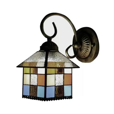 Lodge Stained Glass Wall Lighting with Curved Arm Single Light Mini Wall Mount Light Clearhalo 'Industrial' 'Middle century wall lights' 'Tiffany wall lights' 'Tiffany' 'Wall Lamps & Sconces' 'Wall Lights' Lighting' 6415