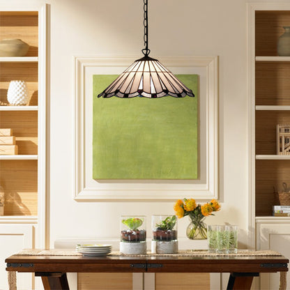 Tiffany Cone Hanging Lamp White/Brown Stained Art Glass Bulb