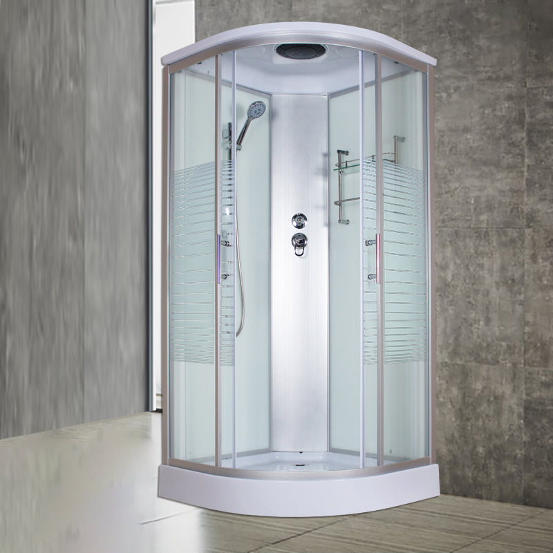 Round Semi-Frameless Shower Stall Corner Tempered Glass Shower Stall White 35.4"L x 35.4"W x 84.6"H Striped Clearhalo 'Bathroom Remodel & Bathroom Fixtures' 'Home Improvement' 'home_improvement' 'home_improvement_shower_stalls_enclosures' 'Shower Stalls & Enclosures' 'shower_stalls_enclosures' 'Showers & Bathtubs' 6415954