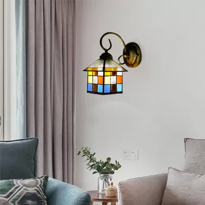 Lodge Stained Glass Wall Lighting with Curved Arm Single Light Mini Wall Mount Light Blue Clearhalo 'Industrial' 'Middle century wall lights' 'Tiffany wall lights' 'Tiffany' 'Wall Lamps & Sconces' 'Wall Lights' Lighting' 6416