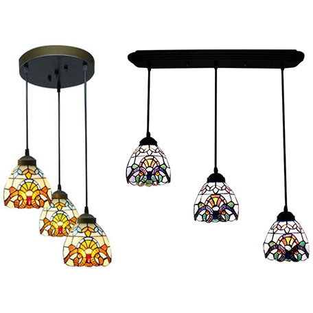 Victorian Domed Multi Light Pendants Stained Glass 3 Lights Hanging Pendant in White for Dining Room Clearhalo 'Ceiling Lights' 'Industrial' 'Middle Century Pendants' 'Pendant Lights' 'Pendants' 'Tiffany close to ceiling' 'Tiffany Pendants' 'Tiffany' Lighting' 64160