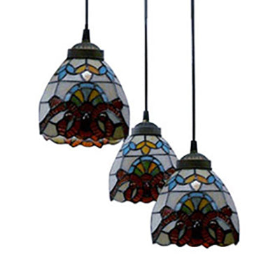 Victorian Domed Multi Light Pendants Stained Glass 3 Lights Hanging Pendant in White for Dining Room Clearhalo 'Ceiling Lights' 'Industrial' 'Middle Century Pendants' 'Pendant Lights' 'Pendants' 'Tiffany close to ceiling' 'Tiffany Pendants' 'Tiffany' Lighting' 64162