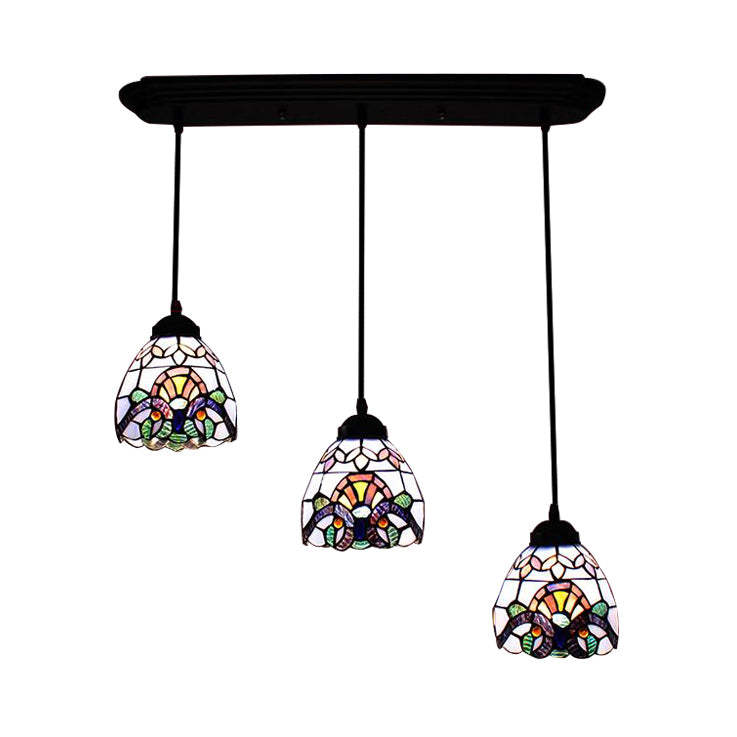 Victorian Domed Multi Light Pendants Stained Glass 3 Lights Hanging Pendant in White for Dining Room Clearhalo 'Ceiling Lights' 'Industrial' 'Middle Century Pendants' 'Pendant Lights' 'Pendants' 'Tiffany close to ceiling' 'Tiffany Pendants' 'Tiffany' Lighting' 64164