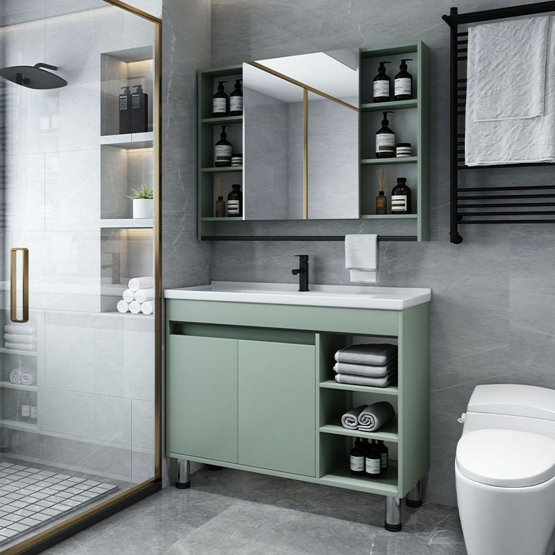 Green Bathroom Vanity Set Ceramic Top 2 Doors Single Sink Vanity Set with Mirror Clearhalo 'Bathroom Remodel & Bathroom Fixtures' 'Bathroom Vanities' 'bathroom_vanities' 'Home Improvement' 'home_improvement' 'home_improvement_bathroom_vanities' 6416481