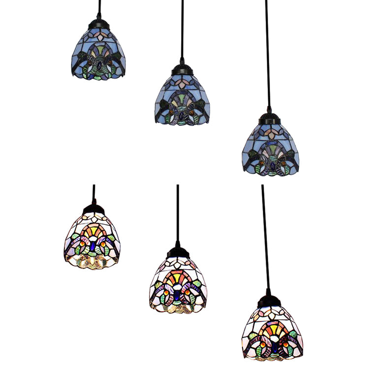 Victorian Domed Multi Light Pendants Stained Glass 3 Lights Hanging Pendant in White for Dining Room Clearhalo 'Ceiling Lights' 'Industrial' 'Middle Century Pendants' 'Pendant Lights' 'Pendants' 'Tiffany close to ceiling' 'Tiffany Pendants' 'Tiffany' Lighting' 64165