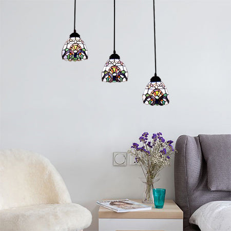 Victorian Domed Multi Light Pendants Stained Glass 3 Lights Hanging Pendant in White for Dining Room White Linear Clearhalo 'Ceiling Lights' 'Industrial' 'Middle Century Pendants' 'Pendant Lights' 'Pendants' 'Tiffany close to ceiling' 'Tiffany Pendants' 'Tiffany' Lighting' 64167