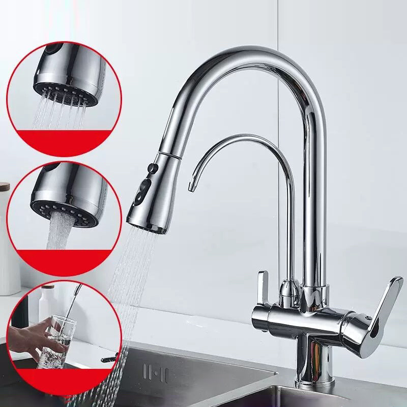 Modern 2-Handle Faucets Copper with Water Dispenser Standard Kitchen Faucets Silver Clearhalo 'Home Improvement' 'home_improvement' 'home_improvement_kitchen_faucets' 'Kitchen Faucets' 'Kitchen Remodel & Kitchen Fixtures' 'Kitchen Sinks & Faucet Components' 'kitchen_faucets' 6417089
