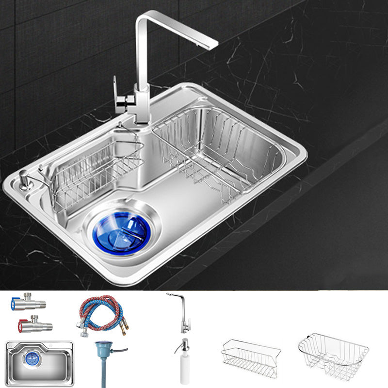 Contemporary Style Kitchen Sink Pure Color Stainless Steel 2 Holes Drop-In Kitchen Sink 27"L x 18"W x 9"H Sink with Faucet Square Faucet Clearhalo 'Home Improvement' 'home_improvement' 'home_improvement_kitchen_sinks' 'Kitchen Remodel & Kitchen Fixtures' 'Kitchen Sinks & Faucet Components' 'Kitchen Sinks' 'kitchen_sinks' 6417219
