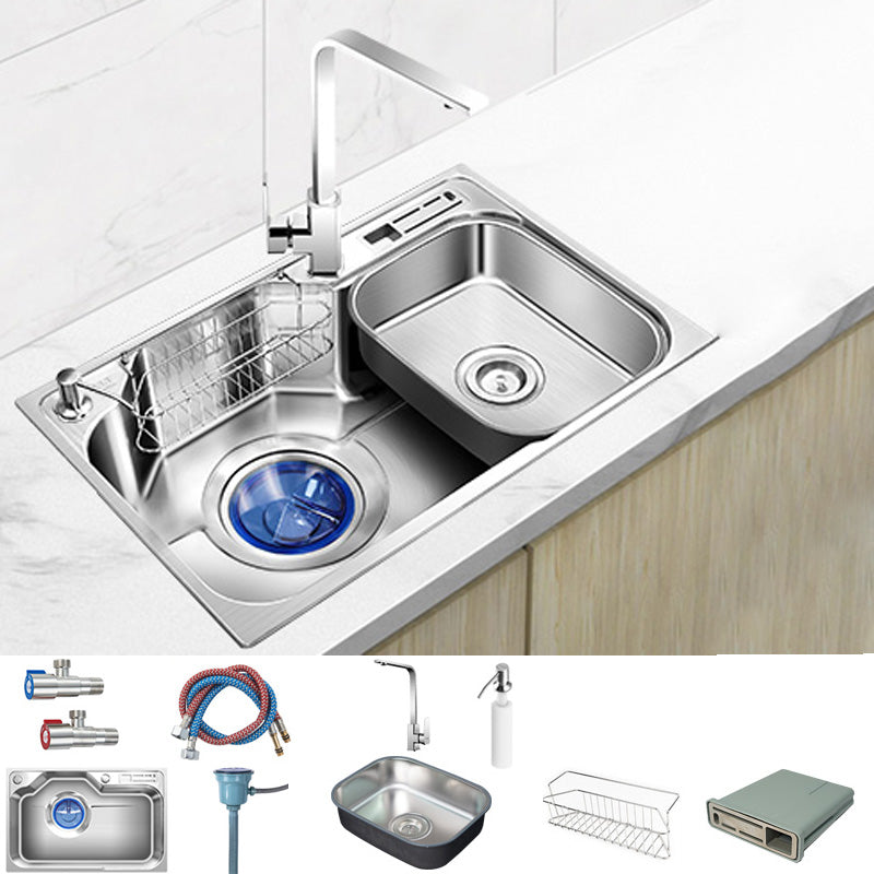 Contemporary Style Kitchen Sink Pure Color Stainless Steel 2 Holes Drop-In Kitchen Sink 28"L x 19"W x 9"H Sink with Faucet Square Faucet Clearhalo 'Home Improvement' 'home_improvement' 'home_improvement_kitchen_sinks' 'Kitchen Remodel & Kitchen Fixtures' 'Kitchen Sinks & Faucet Components' 'Kitchen Sinks' 'kitchen_sinks' 6417224