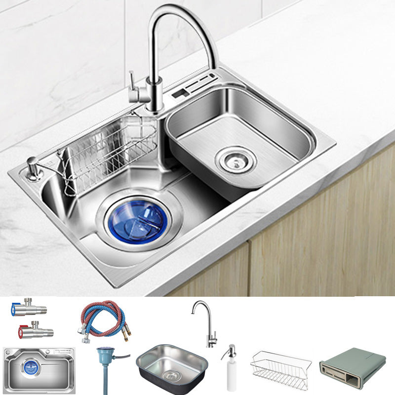 Contemporary Style Kitchen Sink Pure Color Stainless Steel 2 Holes Drop-In Kitchen Sink 28"L x 19"W x 9"H Sink with Faucet Round Faucet Clearhalo 'Home Improvement' 'home_improvement' 'home_improvement_kitchen_sinks' 'Kitchen Remodel & Kitchen Fixtures' 'Kitchen Sinks & Faucet Components' 'Kitchen Sinks' 'kitchen_sinks' 6417226