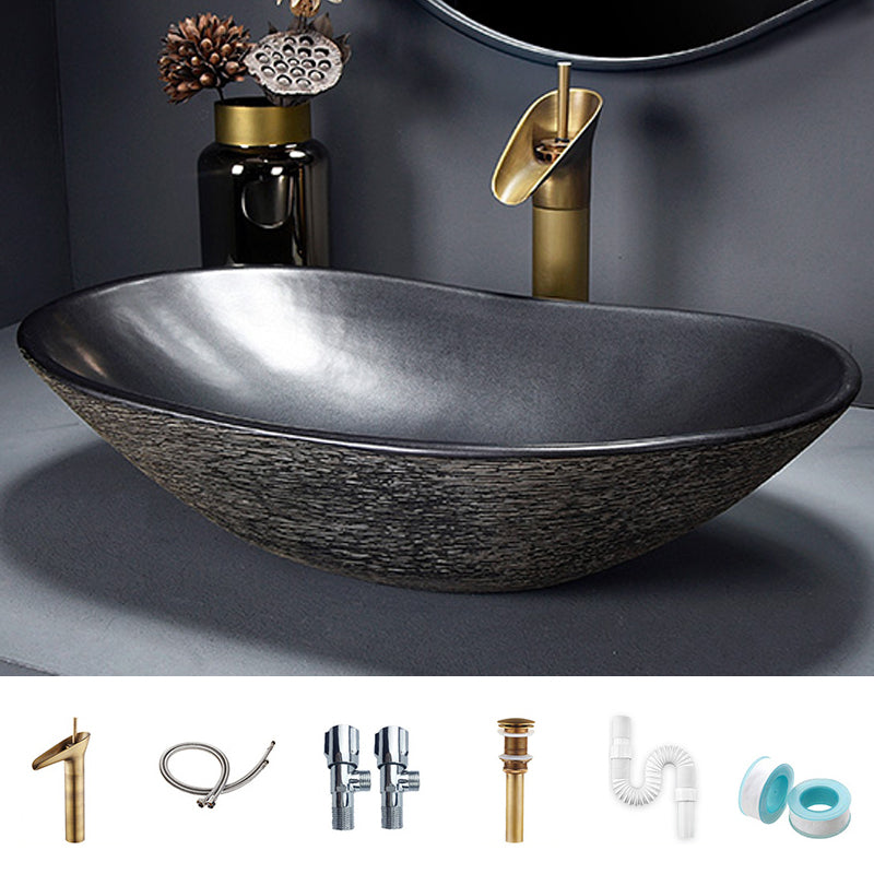 Traditional Vessel Bathroom Sink Oval Porcelain with Overflow and Drain Assembly Vessel Frost Black Sink with Faucet Clearhalo 'Bathroom Remodel & Bathroom Fixtures' 'Bathroom Sinks & Faucet Components' 'Bathroom Sinks' 'bathroom_sink' 'Home Improvement' 'home_improvement' 'home_improvement_bathroom_sink' 6417342