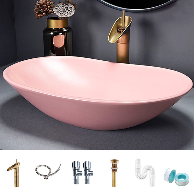 Traditional Vessel Bathroom Sink Oval Porcelain with Overflow and Drain Assembly Vessel Pink Sink with Faucet Clearhalo 'Bathroom Remodel & Bathroom Fixtures' 'Bathroom Sinks & Faucet Components' 'Bathroom Sinks' 'bathroom_sink' 'Home Improvement' 'home_improvement' 'home_improvement_bathroom_sink' 6417358