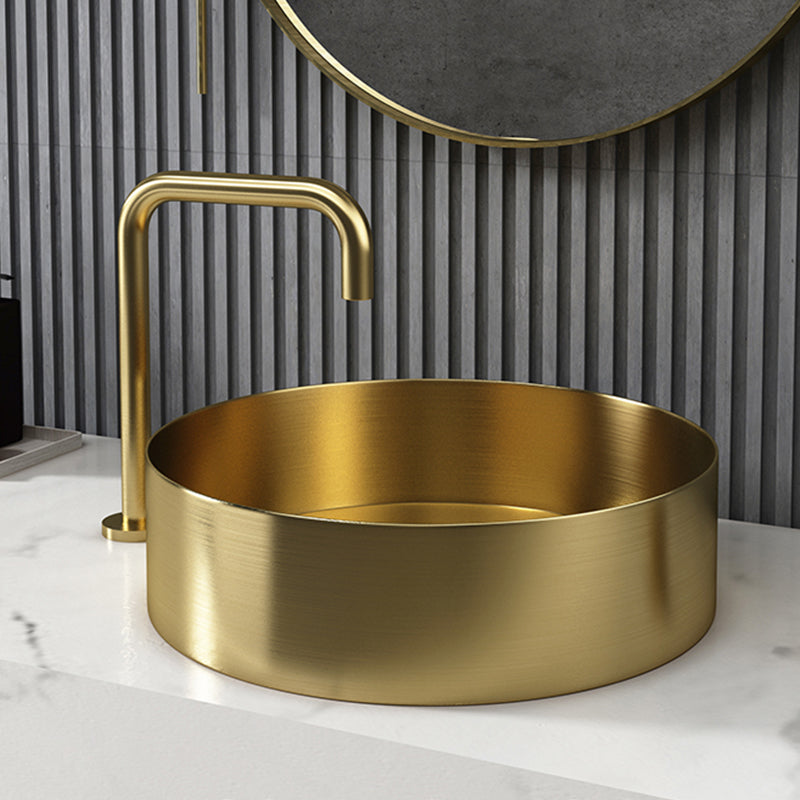 Modern Vessel Bathroom Sink Metal Round with Pop-Up Drain Wash Stand Gold Low Profile Sink with Faucet Clearhalo 'Bathroom Remodel & Bathroom Fixtures' 'Bathroom Sinks & Faucet Components' 'Bathroom Sinks' 'bathroom_sink' 'Home Improvement' 'home_improvement' 'home_improvement_bathroom_sink' 6417435