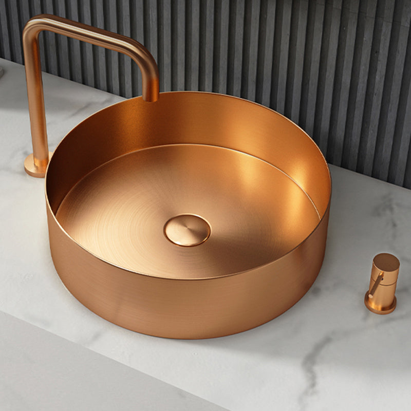 Modern Vessel Bathroom Sink Metal Round with Pop-Up Drain Wash Stand Rose Gold Low Profile Sink with Faucet Clearhalo 'Bathroom Remodel & Bathroom Fixtures' 'Bathroom Sinks & Faucet Components' 'Bathroom Sinks' 'bathroom_sink' 'Home Improvement' 'home_improvement' 'home_improvement_bathroom_sink' 6417452