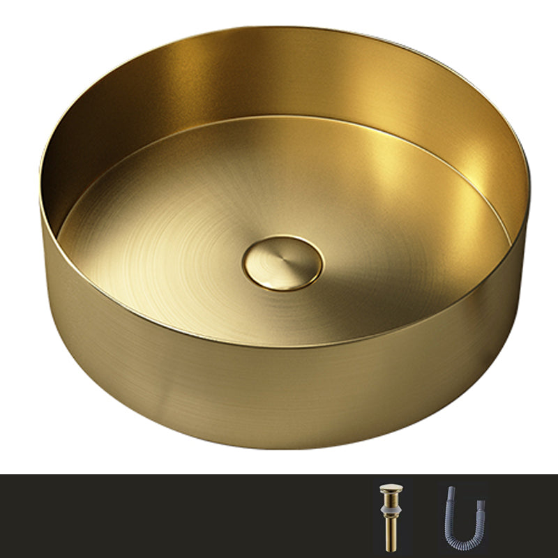 Modern Vessel Bathroom Sink Metal Round with Pop-Up Drain Wash Stand Gold None Sink Clearhalo 'Bathroom Remodel & Bathroom Fixtures' 'Bathroom Sinks & Faucet Components' 'Bathroom Sinks' 'bathroom_sink' 'Home Improvement' 'home_improvement' 'home_improvement_bathroom_sink' 6417459