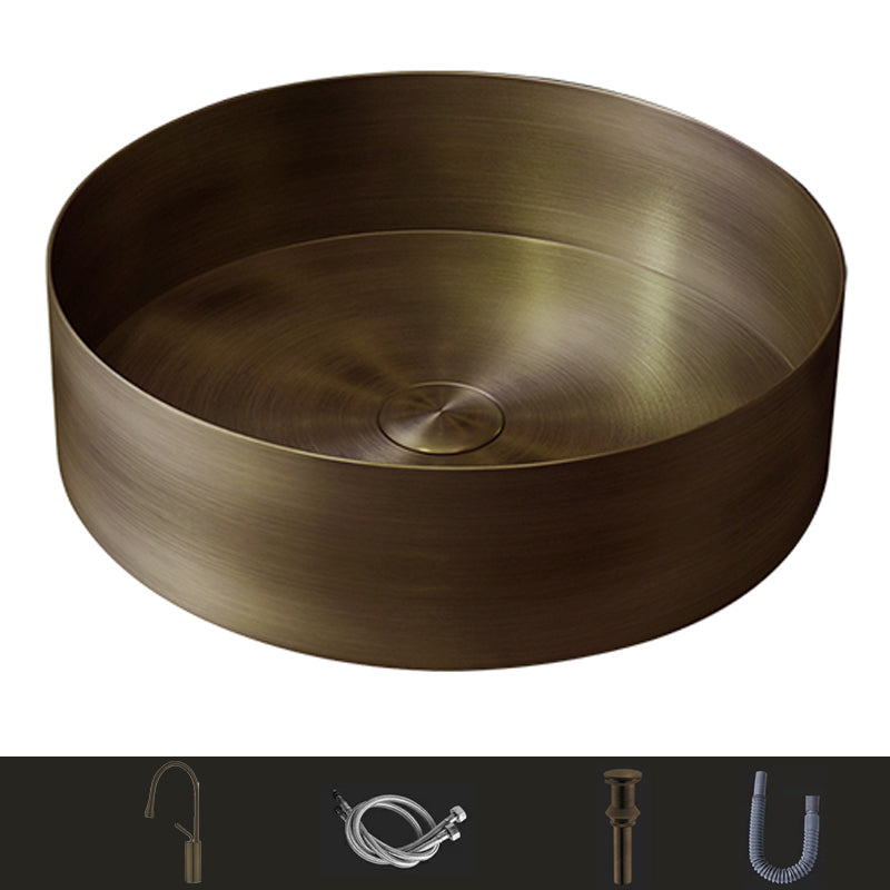 Modern Vessel Bathroom Sink Metal Round with Pop-Up Drain Wash Stand Bronze Gooseneck High Arc Sink with Faucet Clearhalo 'Bathroom Remodel & Bathroom Fixtures' 'Bathroom Sinks & Faucet Components' 'Bathroom Sinks' 'bathroom_sink' 'Home Improvement' 'home_improvement' 'home_improvement_bathroom_sink' 6417466