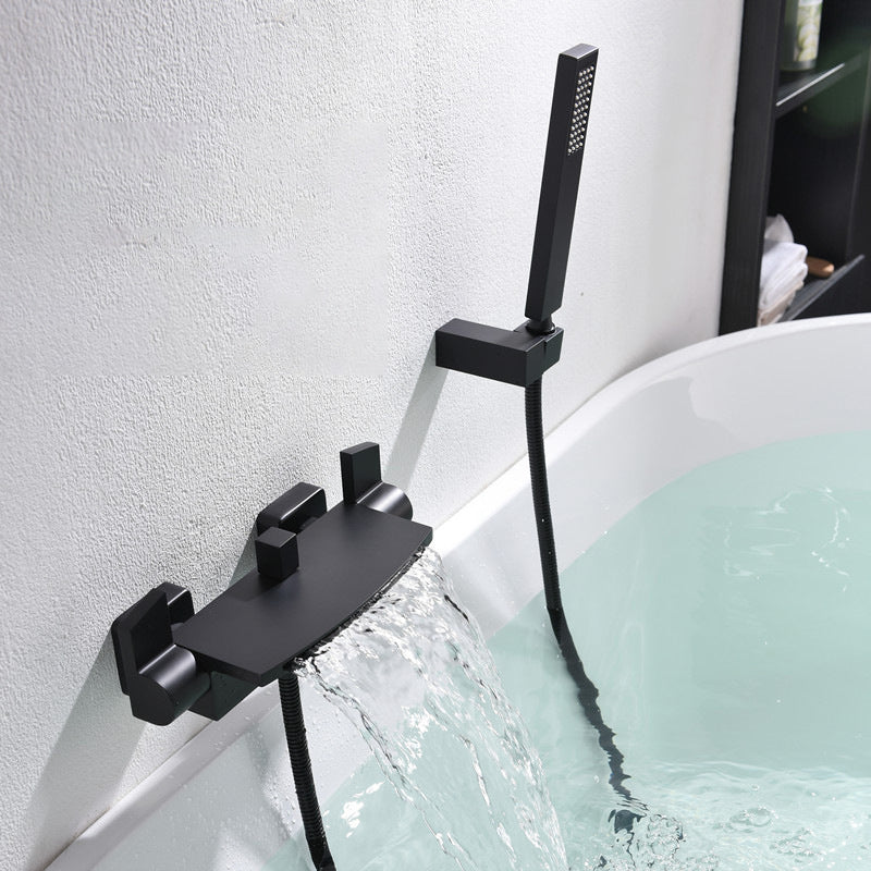 Wall Mounted Metal Tub Filler Low Arc Waterfall Bathroom Faucet Black Hand Shower Included Clearhalo 'Bathroom Remodel & Bathroom Fixtures' 'Bathtub Faucets' 'bathtub_faucets' 'Home Improvement' 'home_improvement' 'home_improvement_bathtub_faucets' 6417664