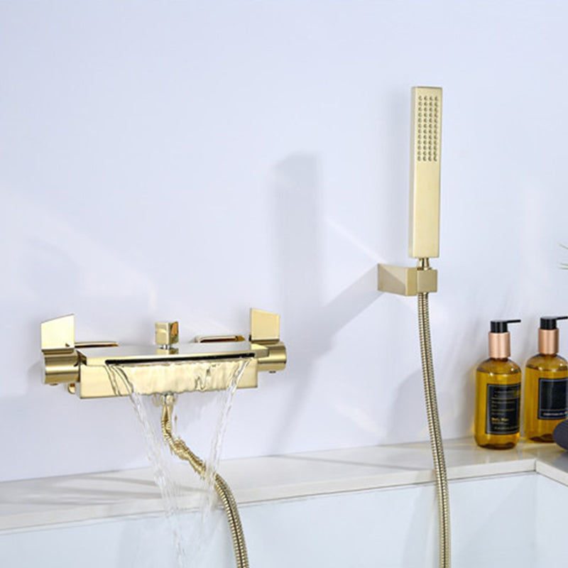 Wall Mounted Metal Tub Filler Low Arc Waterfall Bathroom Faucet Clearhalo 'Bathroom Remodel & Bathroom Fixtures' 'Bathtub Faucets' 'bathtub_faucets' 'Home Improvement' 'home_improvement' 'home_improvement_bathtub_faucets' 6417671