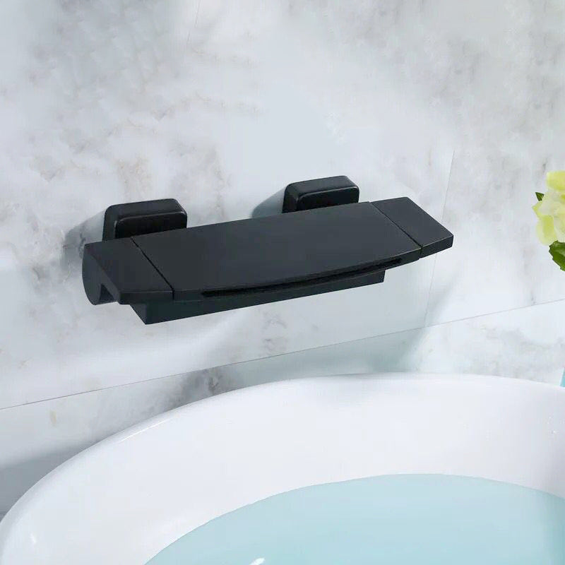Wall Mounted Metal Tub Filler Low Arc Waterfall Bathroom Faucet Black Hand Shower Not Included Clearhalo 'Bathroom Remodel & Bathroom Fixtures' 'Bathtub Faucets' 'bathtub_faucets' 'Home Improvement' 'home_improvement' 'home_improvement_bathtub_faucets' 6417673