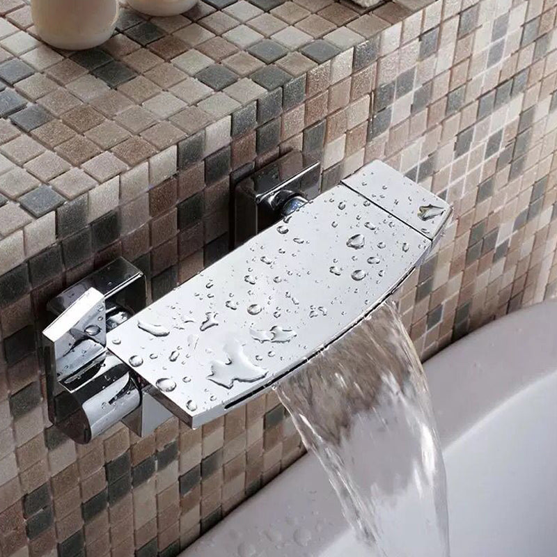 Wall Mounted Metal Tub Filler Low Arc Waterfall Bathroom Faucet Chrome Hand Shower Not Included Clearhalo 'Bathroom Remodel & Bathroom Fixtures' 'Bathtub Faucets' 'bathtub_faucets' 'Home Improvement' 'home_improvement' 'home_improvement_bathtub_faucets' 6417674
