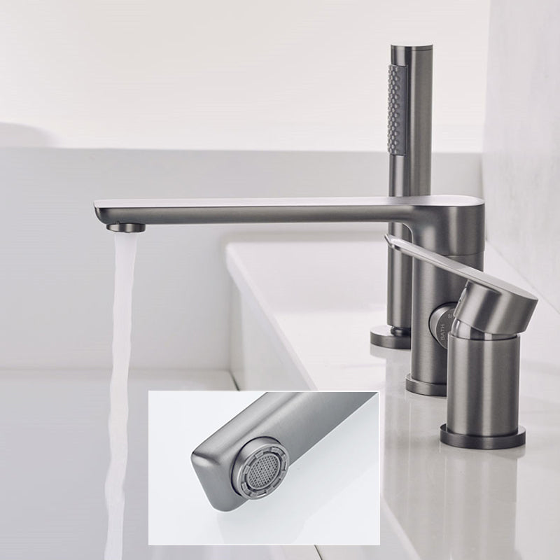Contemporary Bathroom Faucet Deck Mounted Bathroom Faucet with Low Arc Clearhalo 'Bathroom Remodel & Bathroom Fixtures' 'Bathtub Faucets' 'bathtub_faucets' 'Home Improvement' 'home_improvement' 'home_improvement_bathtub_faucets' 6417716